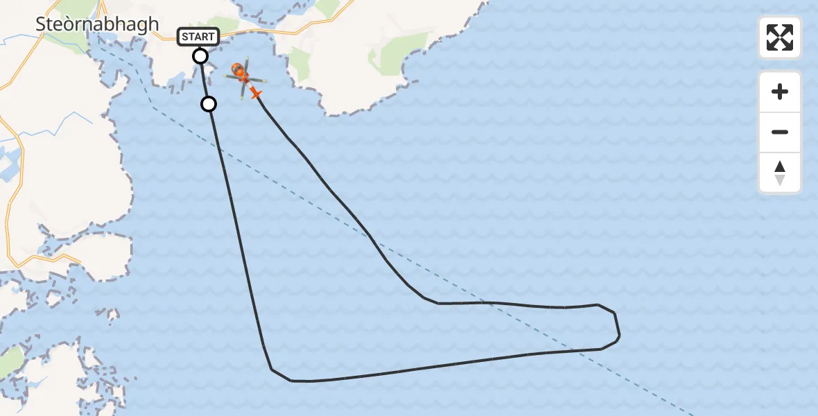 Flight path map showing Coastguard Helicopter route from Stornoway Airport to Inner Seas