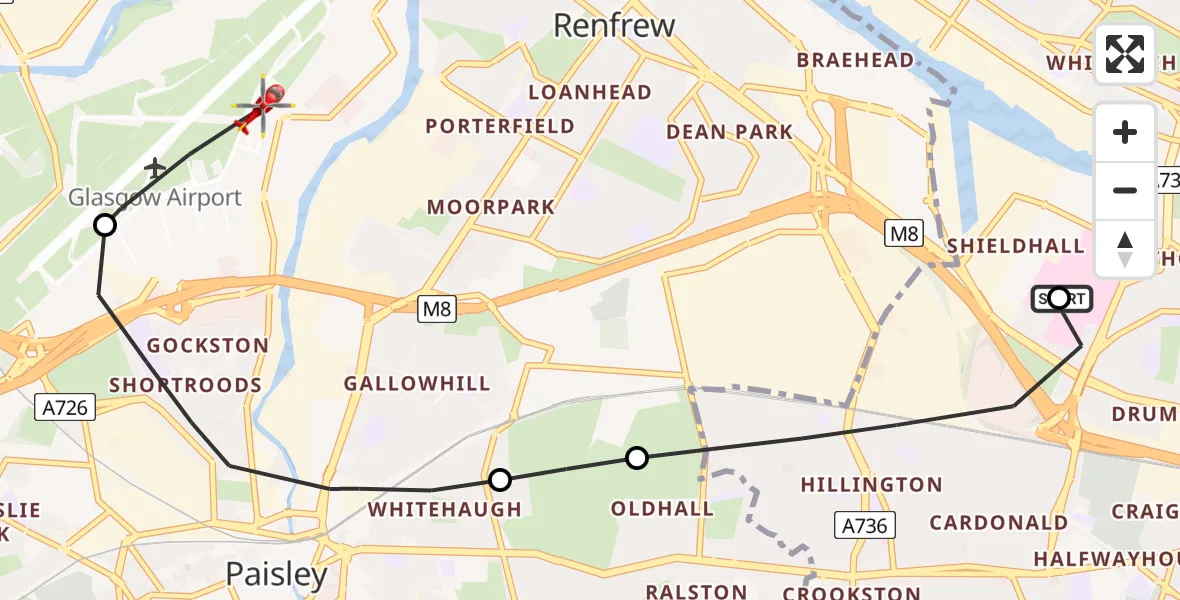 Flight path map showing Air Ambulance Helicopter route from Queen Elizabeth Hospital to Glasgow Airport