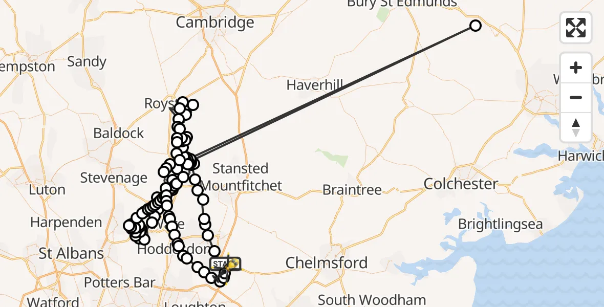 Flight path map showing Police Helicopter route from North Weald Bassett to North Weald Airfield