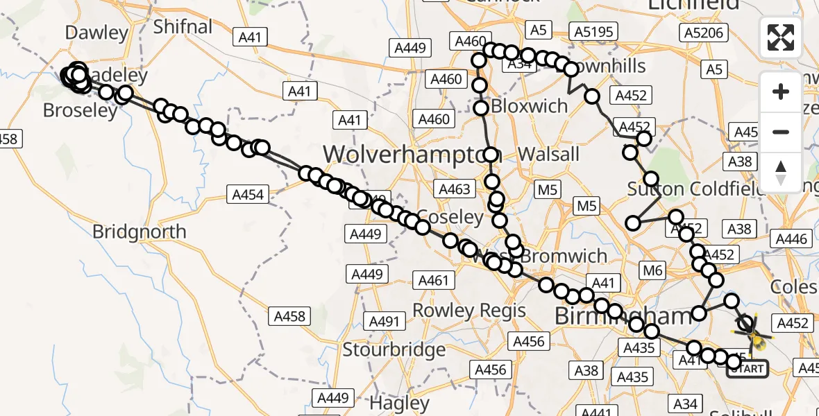 Flight path map showing Police Helicopter route from Solihull to Tile Cross