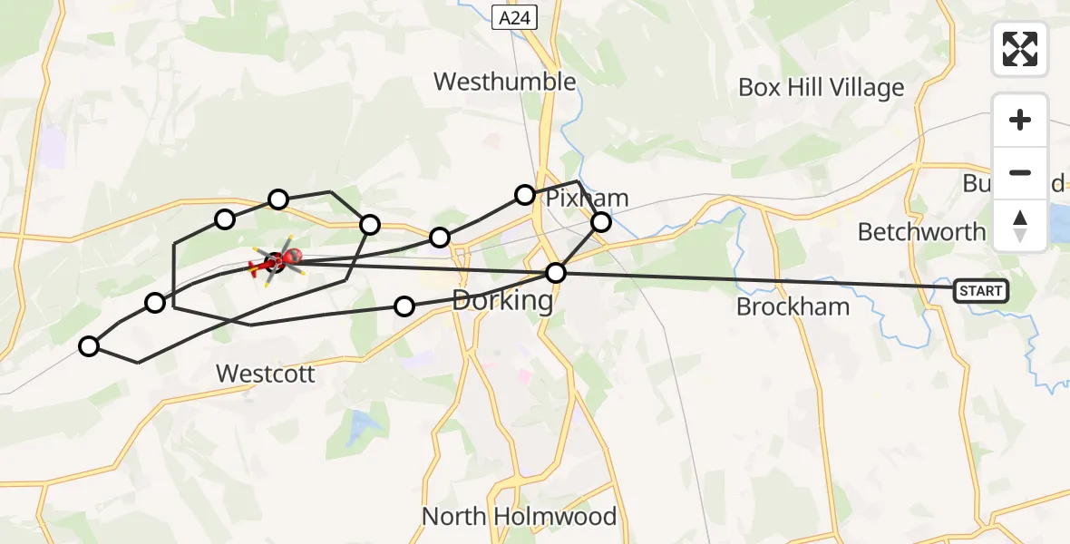 Flight path map showing Air Ambulance Helicopter route from Betchworth to Westcott