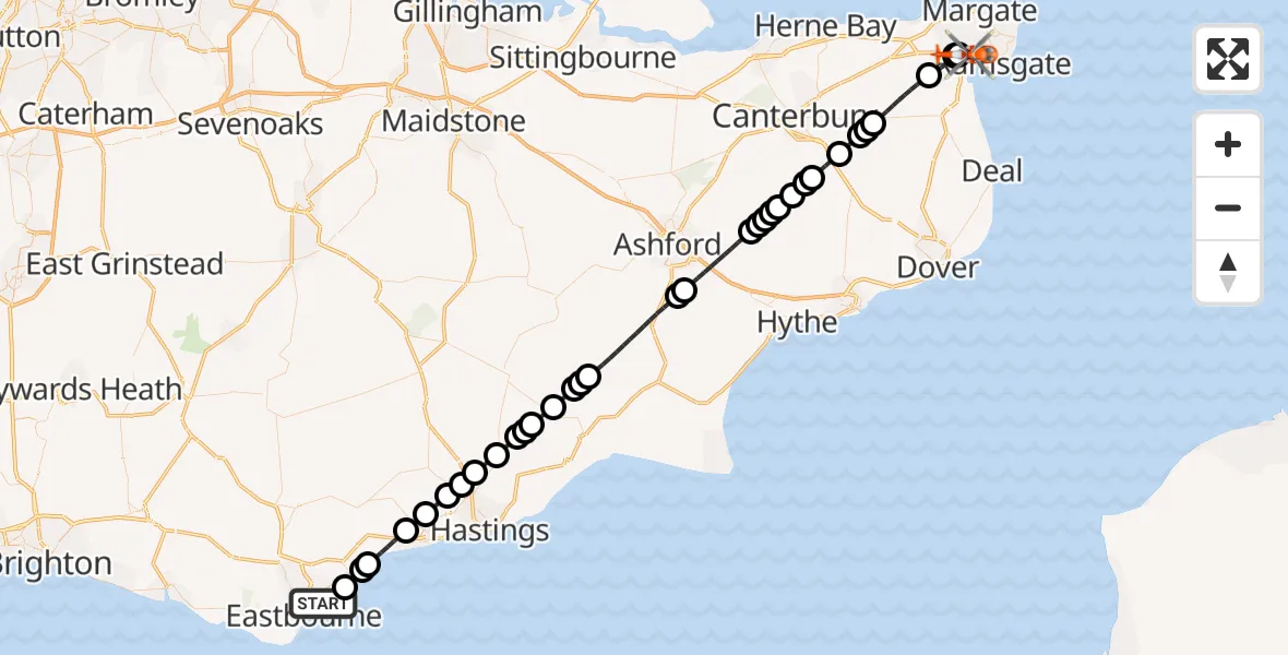 Flight path map showing Coastguard Helicopter route from Eastbourne to Manston Airport