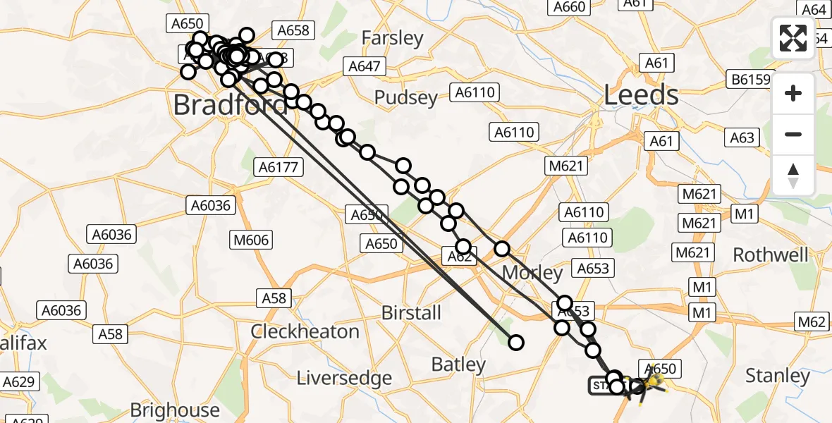 Flight path map showing Police Helicopter route from East Ardsley to Wrenthorpe