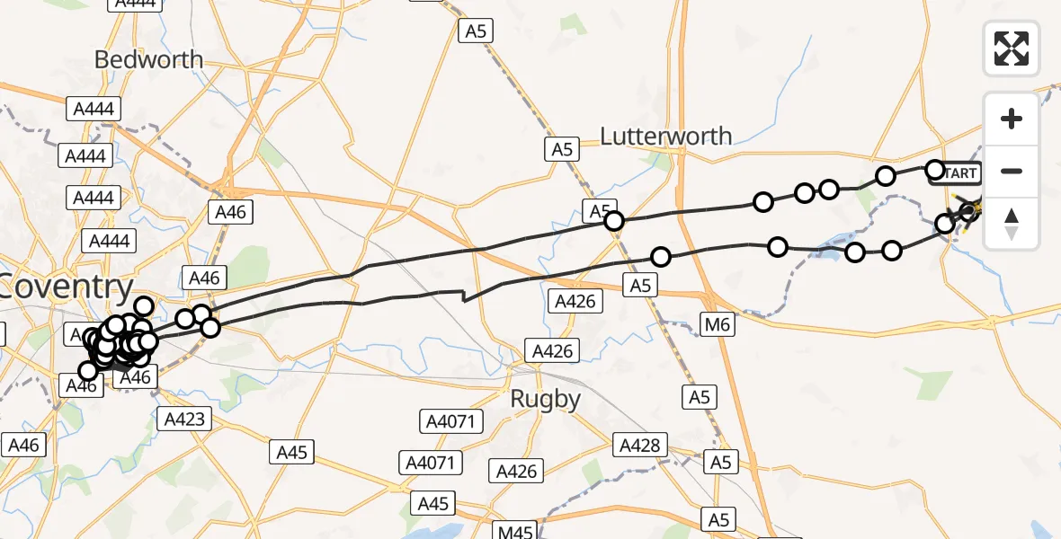 Flight path map showing Police Helicopter route from Husbands Bosworth Airfield to Harborough