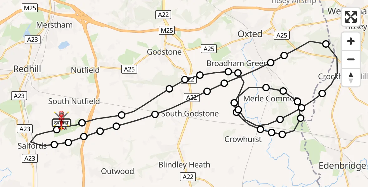 Flight route Air Ambulance Helicopter Redhill Aerodrome - Redhill Aerodrome, 30 April 2026, 20:37
