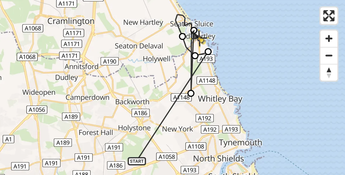Routekaart van de vlucht: Police Helicopter to Seaton Sluice, Beresford Road