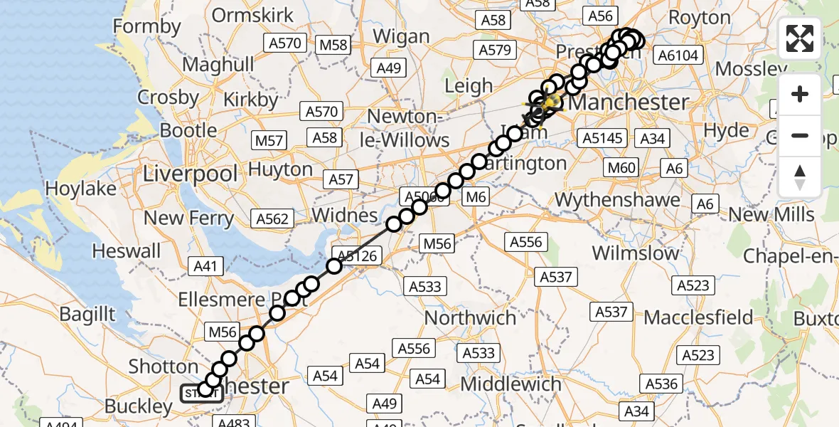 Flight path map showing Police Helicopter route from Hawarden Airport to Manchester Barton Aerodrome