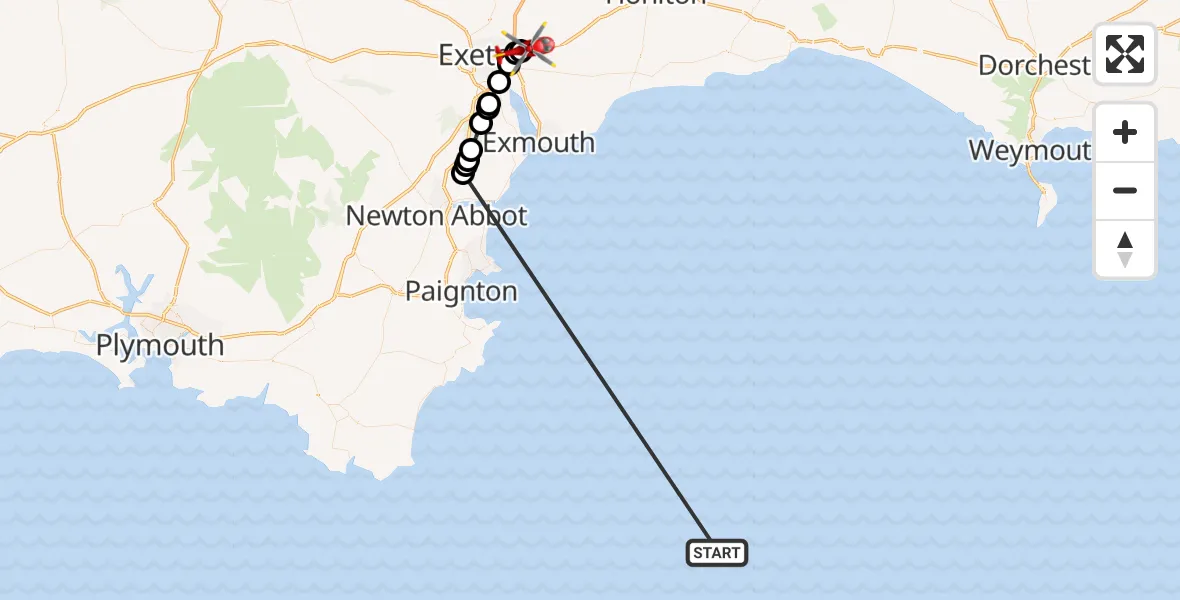 Flight path map showing Air Ambulance Helicopter route from English Channel to East Devon