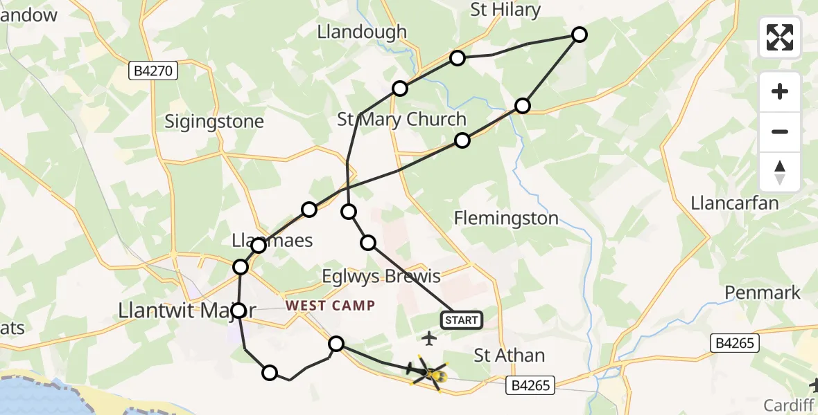 Flight path map showing Police Helicopter route from MOD St Athan to MOD St Athan