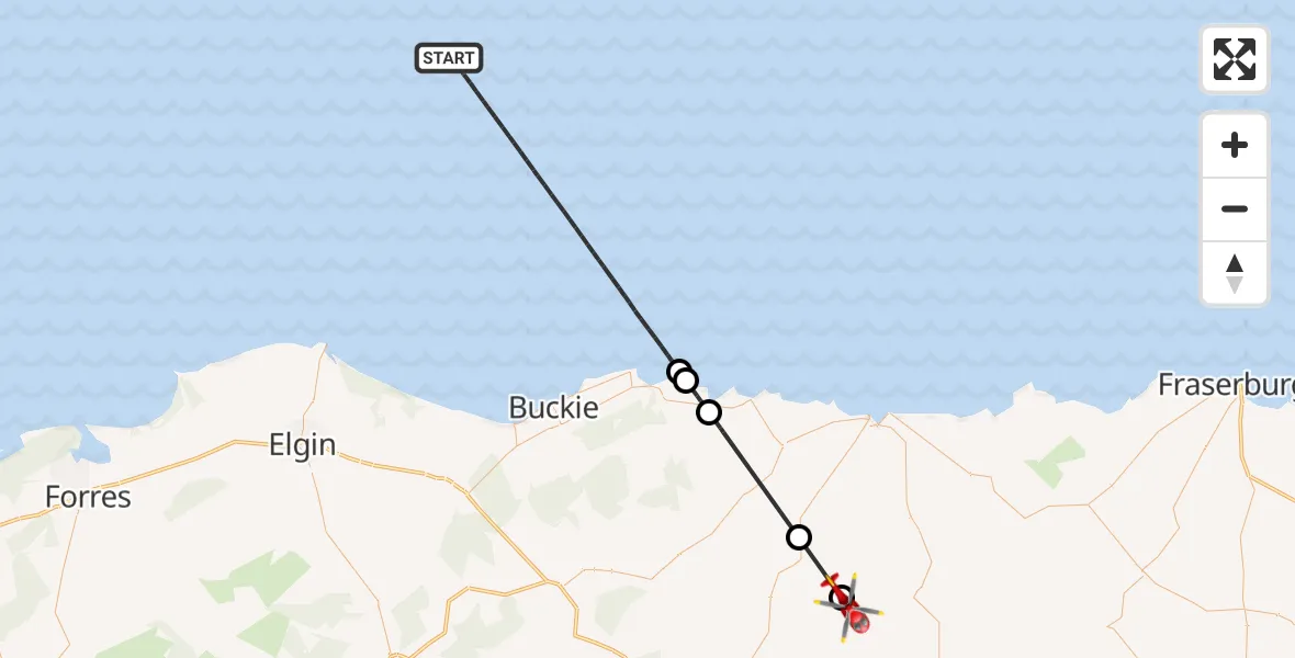 Flight path map showing Air Ambulance Helicopter route from North Sea to Aberdeenshire