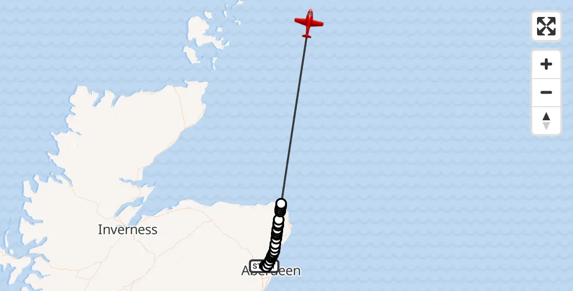 Flight path map showing Air Ambulance Aircraft route from Aberdeen International Airport to North Sea