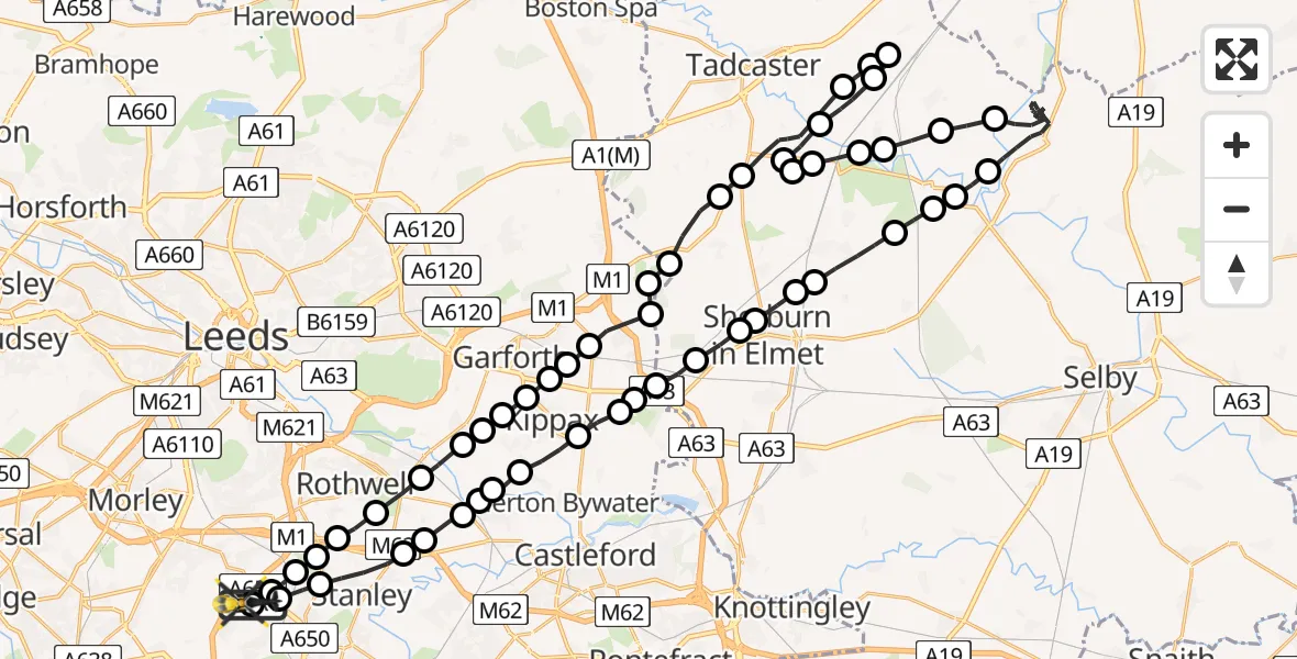 Flight path map showing Police Helicopter route from Brandy Carr to East Ardsley