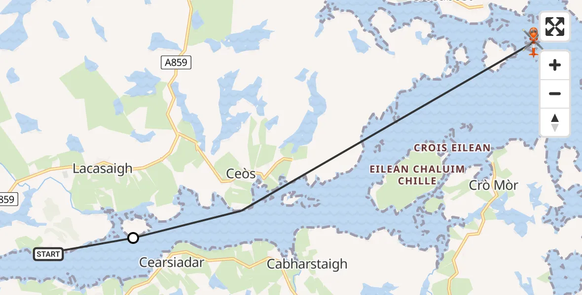 Flight path map showing Coastguard Helicopter route from Tàbost to Inner Seas