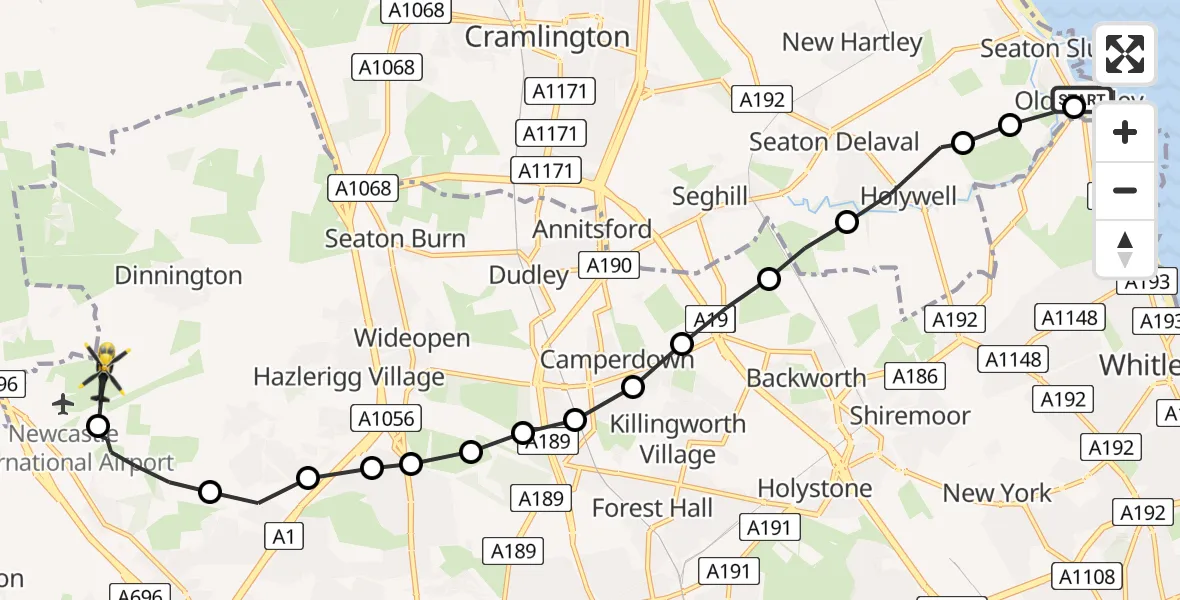 Flight path map showing Police Helicopter route from Old Hartley to Newcastle International Airport