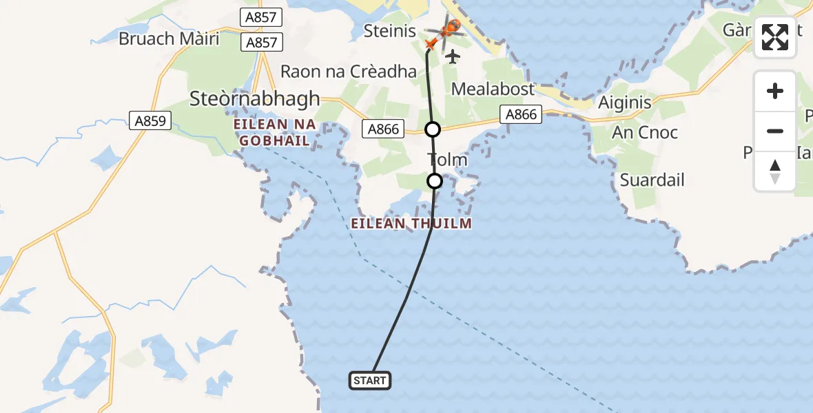 Flight path map showing Coastguard Helicopter route from Inner Seas to Stornoway Airport