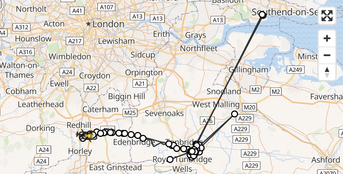 Flight path map showing Police Helicopter route from Redhill Aerodrome to Redhill Aerodrome