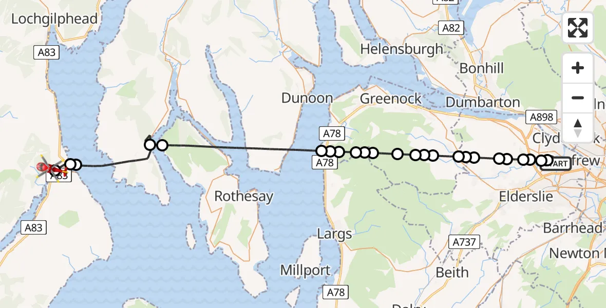 Flight path map showing Air Ambulance Helicopter route from Glasgow Airport to Argyll and Bute