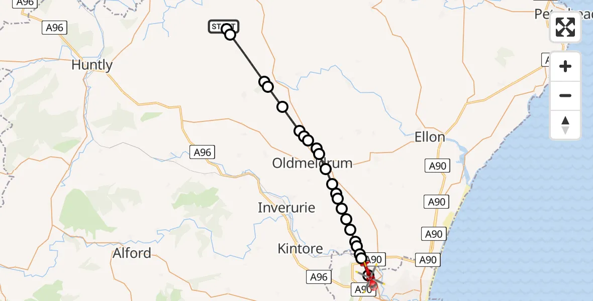 Flight path map showing Air Ambulance Helicopter route from Kirkton of Auchterless to Aberdeen International Airport