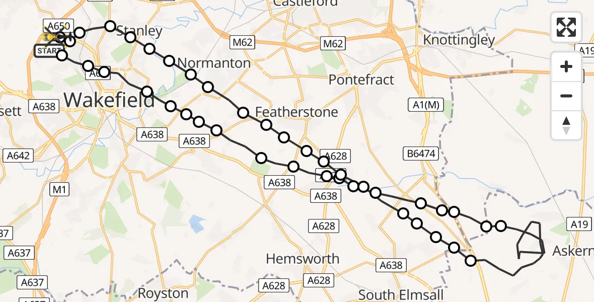 Flight path map showing Police Helicopter route from Wrenthorpe to East Ardsley
