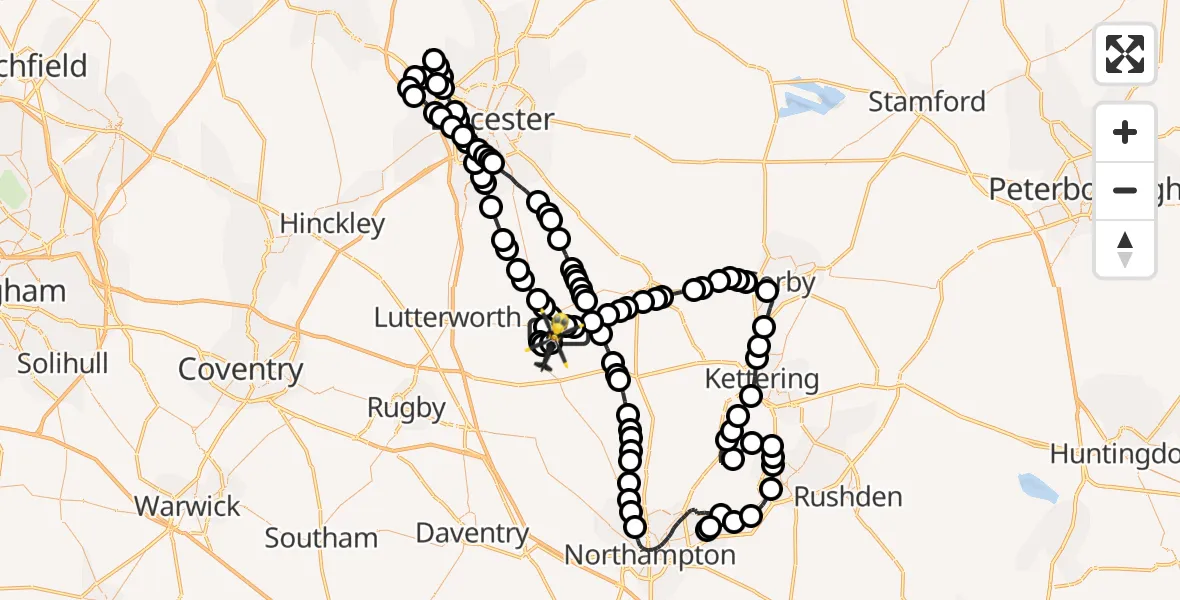 Flight path map showing Police Helicopter route from Husbands Bosworth Airfield to Harborough