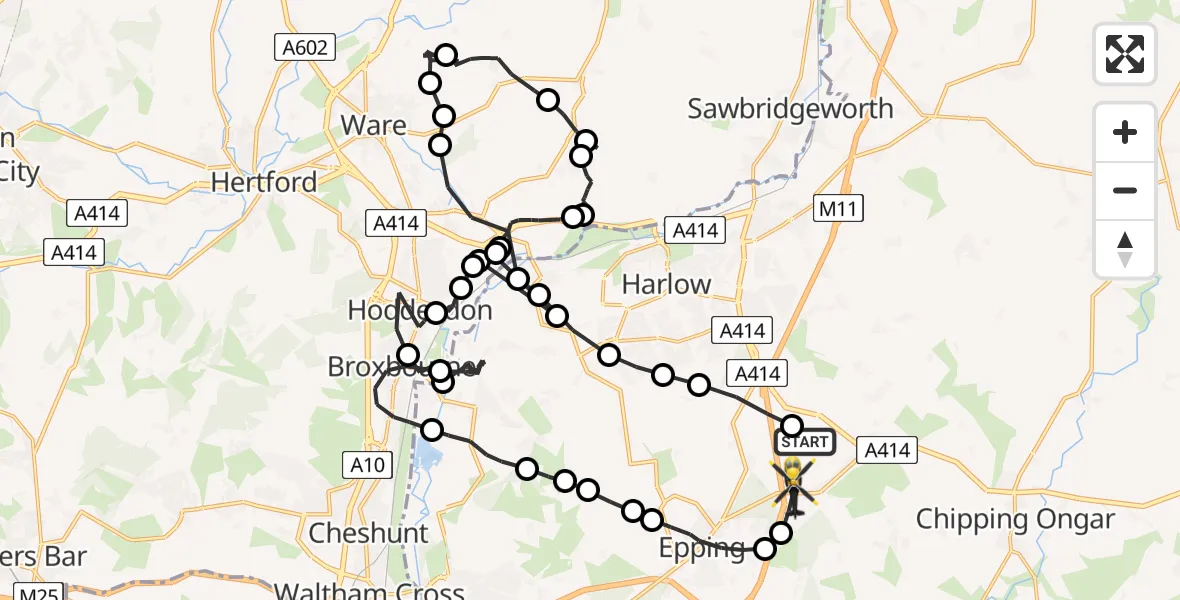 Flight path map showing Police Helicopter route from North Weald Airfield to North Weald Airfield
