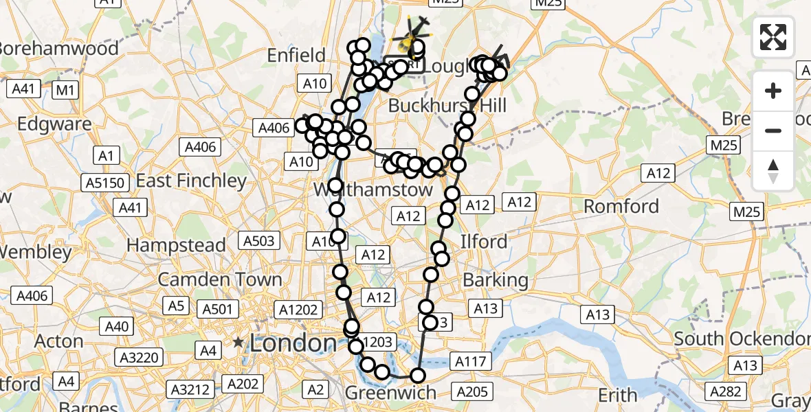Flight path map showing Police Helicopter route from Chingford to Epping Forest
