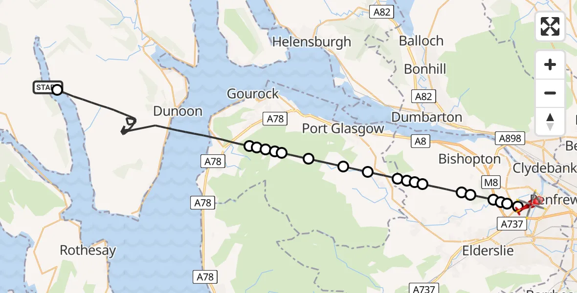 Flight path map showing Air Ambulance Helicopter route from Ardbeg Point to Glasgow Airport