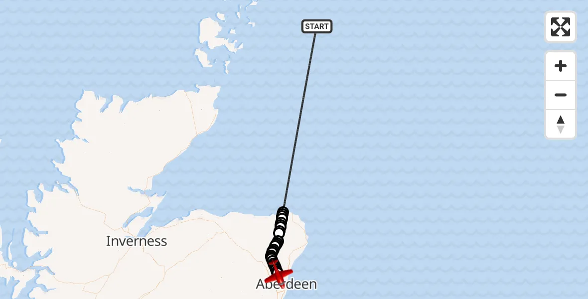 Flight path map showing Air Ambulance Aircraft route from North Sea to Dyce and Stoneywood