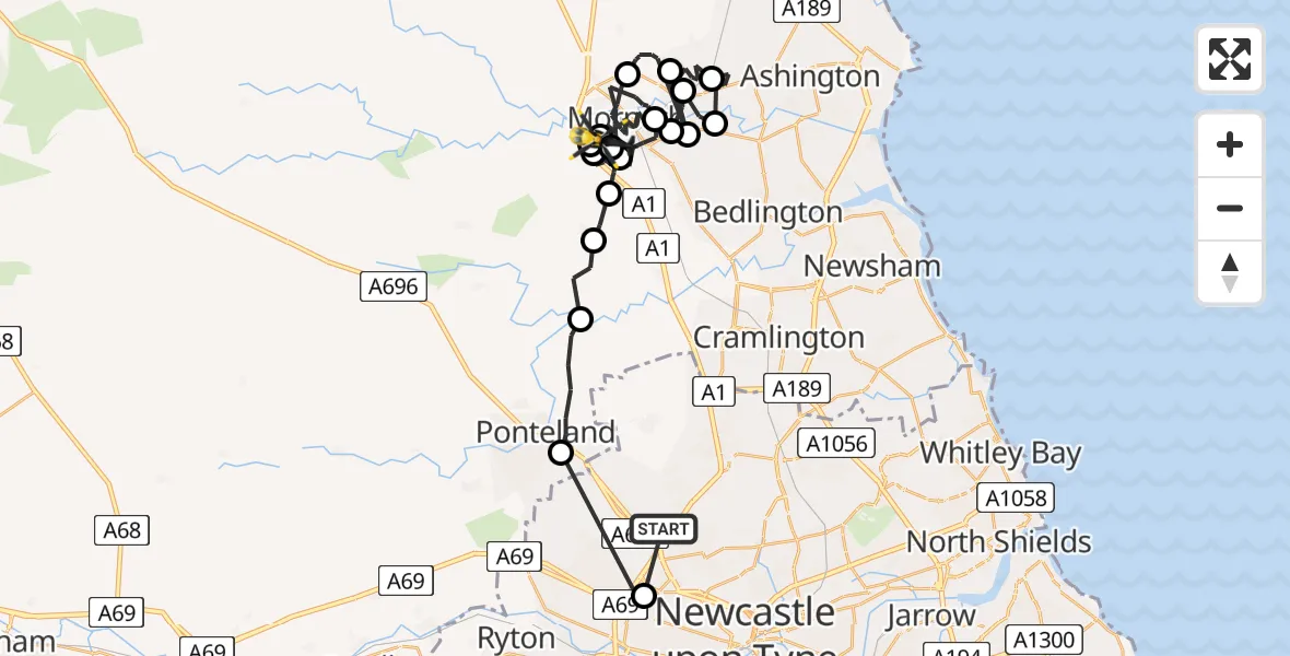 Flight path map showing Police Helicopter route from Kenton to Tranwell