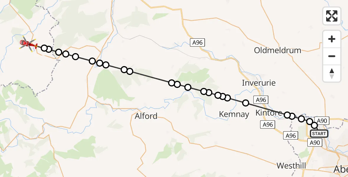 Flight path map showing Air Ambulance Helicopter route from Aberdeen International Airport to Aldunie
