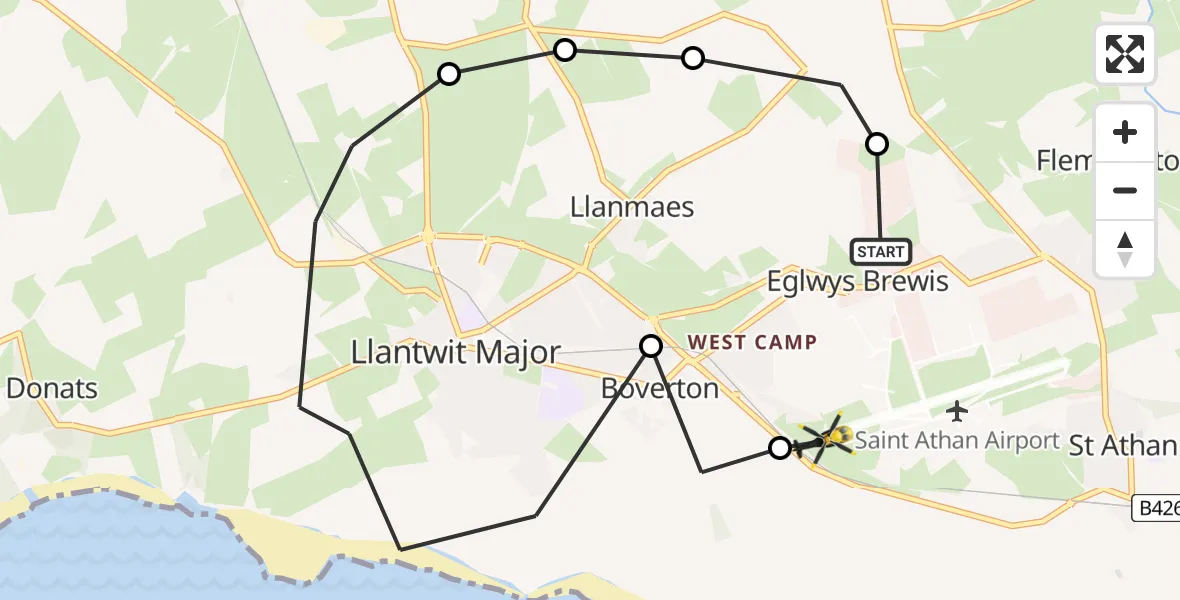 Flight path map showing Police Helicopter route from MOD St Athan to MOD St Athan