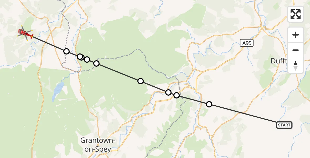 Flight path map showing Air Ambulance Helicopter route from Moray to Highland
