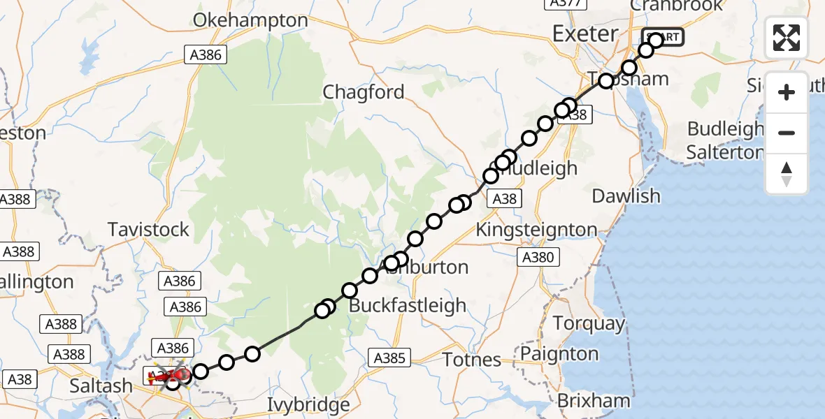 Flight route Air Ambulance Helicopter East Devon - Derriford Hospital, 30 April 2026, 23:16