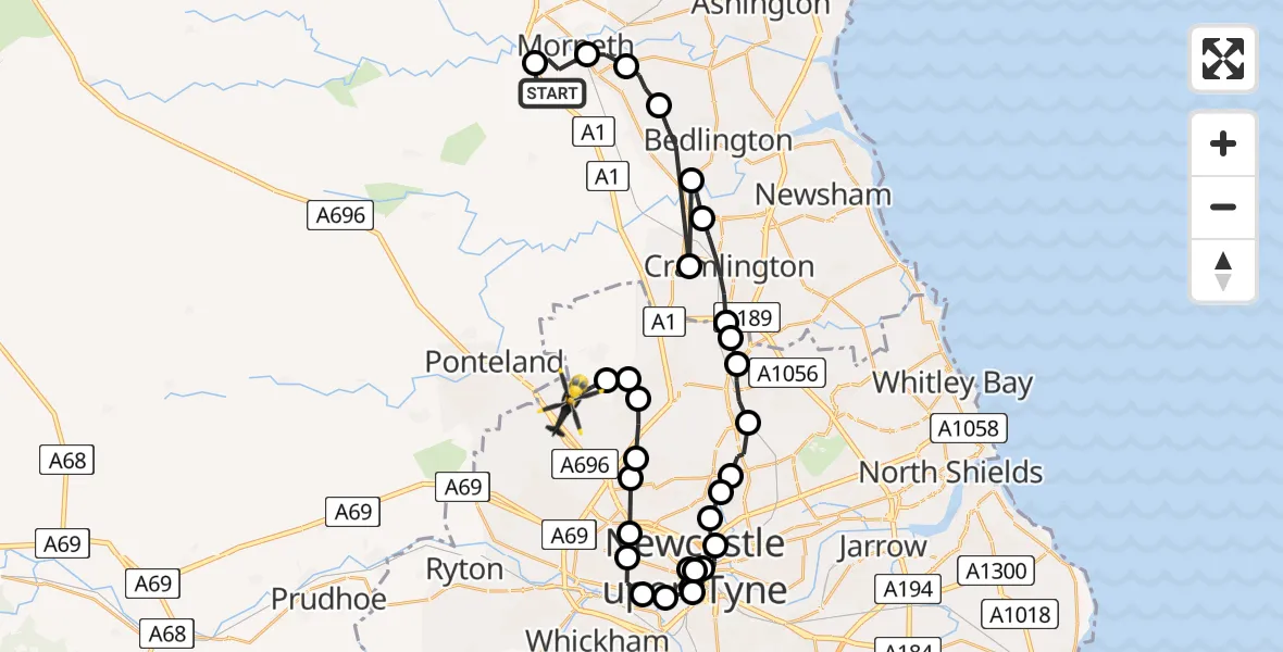 Flight route Police Helicopter Morpeth - Newcastle International Airport, 30 April 2026, 23:17
