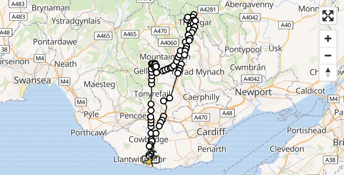 Flight path map showing Police Helicopter route from MOD St Athan to MOD St Athan