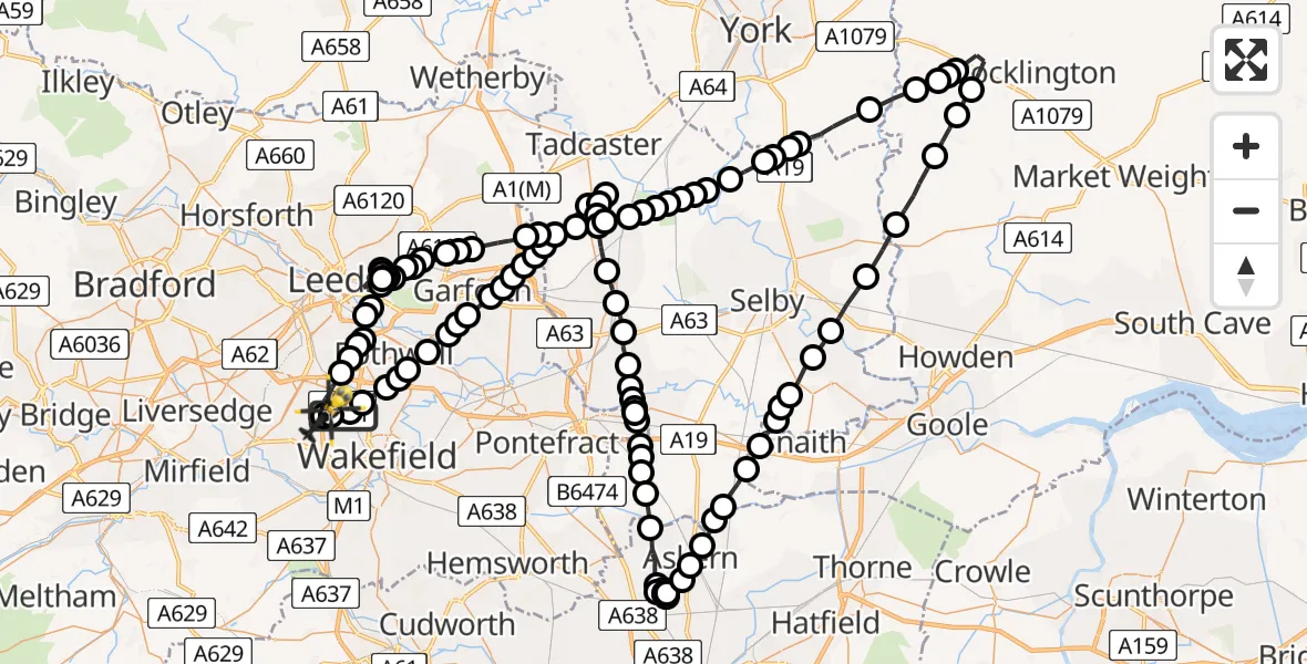 Flight path map showing Police Helicopter route from Brandy Carr to Woodkirk