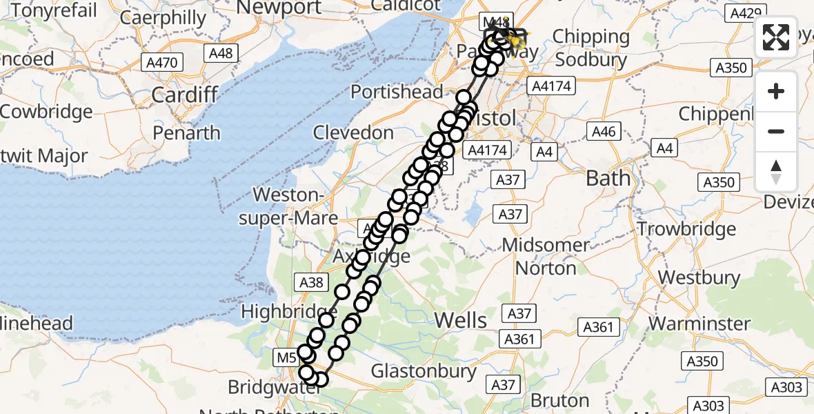 Flight path map showing Police Helicopter route from Almondsbury Helicopter Base to Almondsbury Helicopter Base