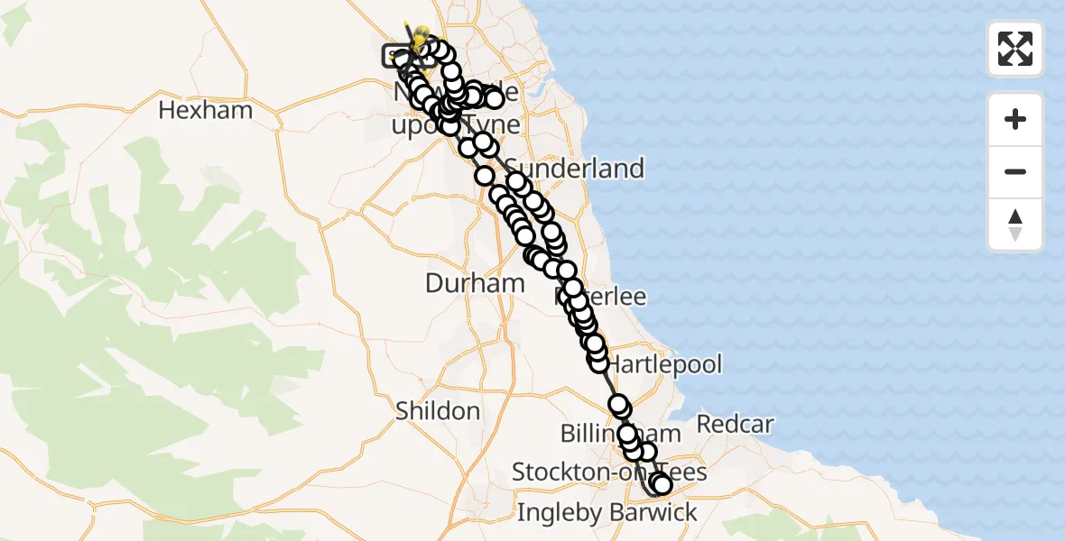 Flight path map showing Police Helicopter route from Newcastle International Airport to Newcastle International Airport