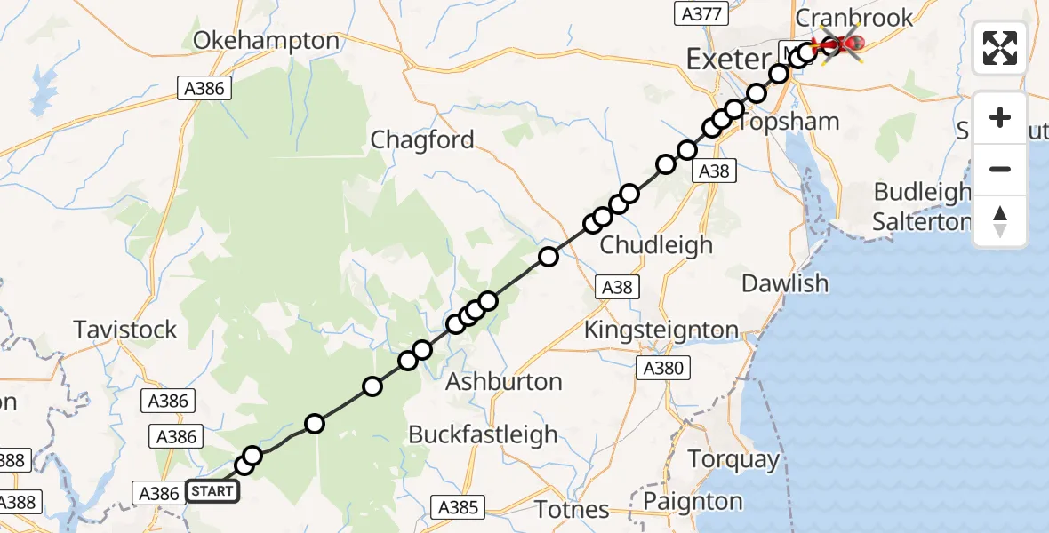 Flight path map showing Air Ambulance Helicopter route from Shaugh Prior to Exeter International Airport