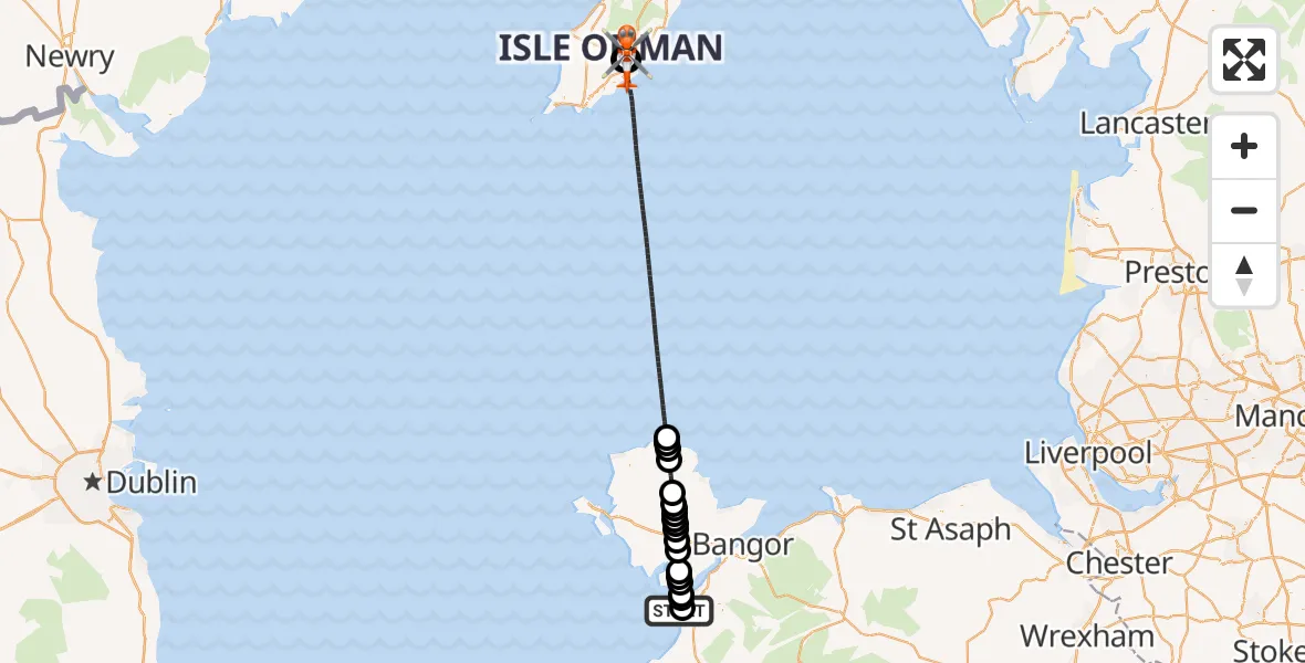 Flight path map showing Coastguard Helicopter route from Caernarfon Airport to Noble's Hospital Heliport