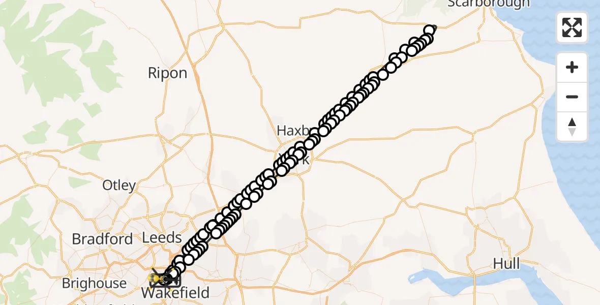 Flight path map showing Police Helicopter route from Wrenthorpe to East Ardsley