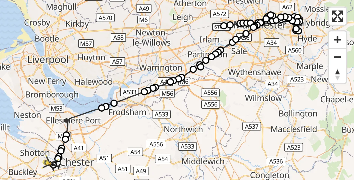 Flight path map showing Police Helicopter route from Worsley to Hawarden Airport