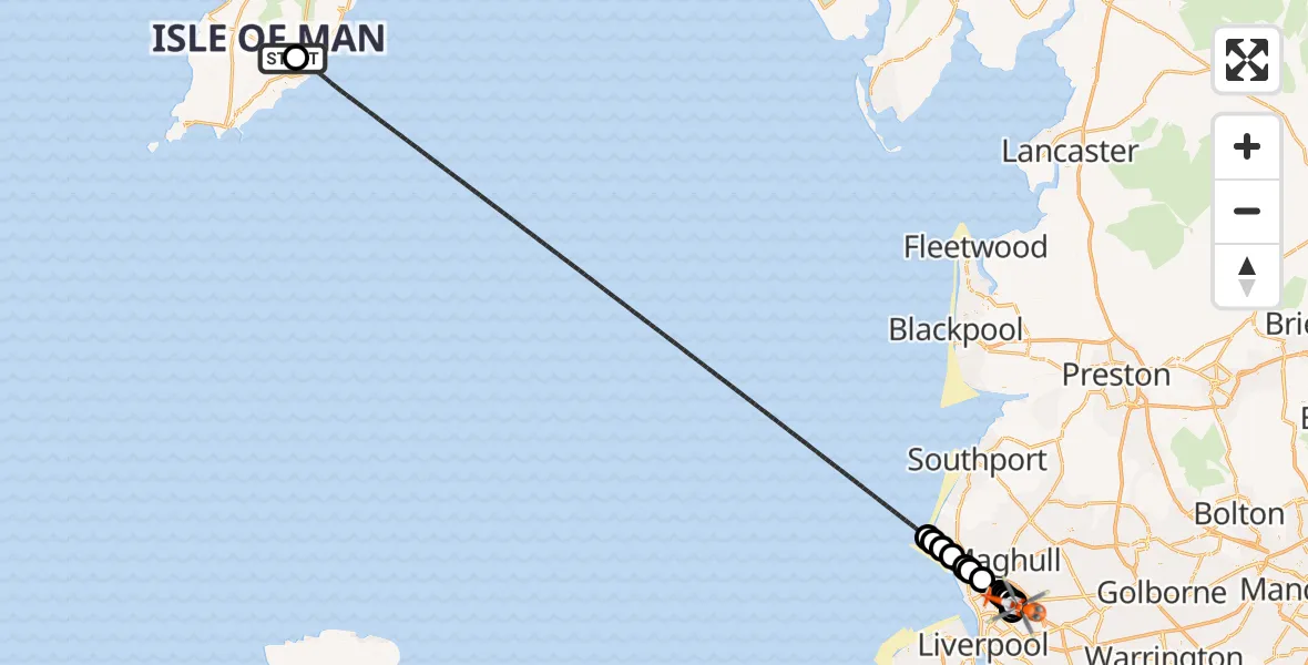 Flight path map showing Coastguard Helicopter route from Noble's Hospital Heliport to Fazakerley