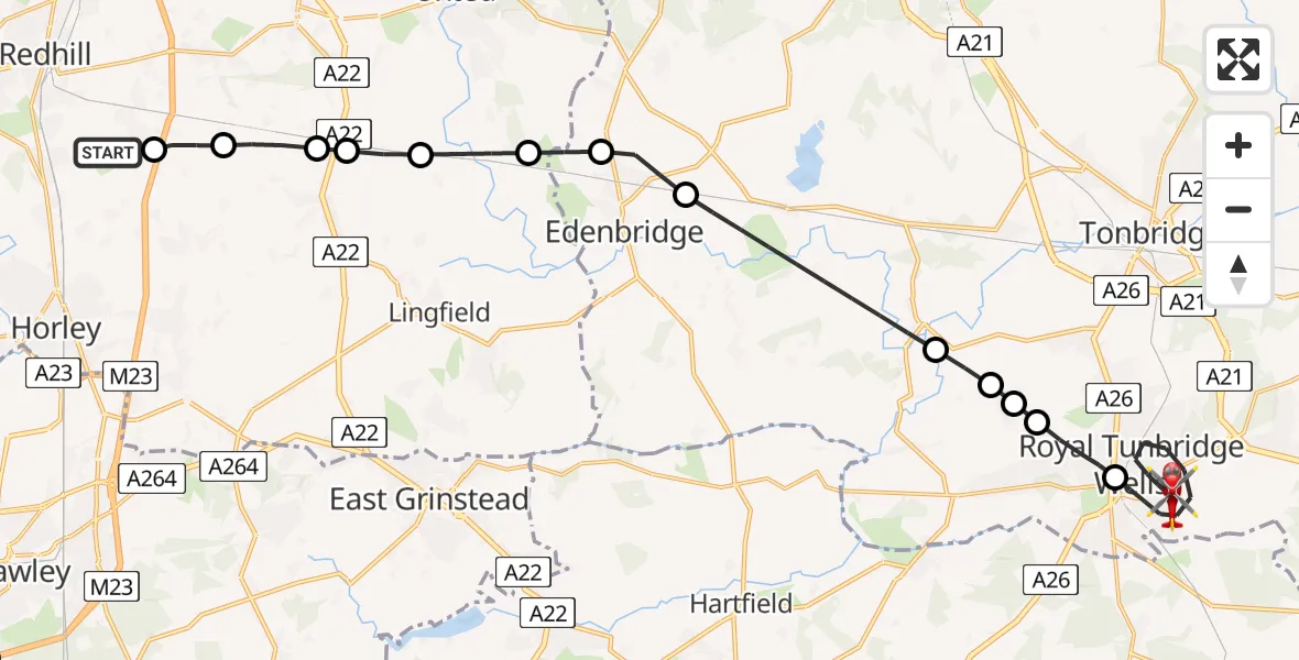Flight path map showing Air Ambulance Helicopter route from Redhill Aerodrome to Royal Tunbridge Wells