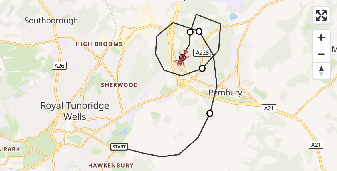 Flight path map showing Air Ambulance Helicopter route from Royal Tunbridge Wells to Tunbridge Wells Hospital Heliport