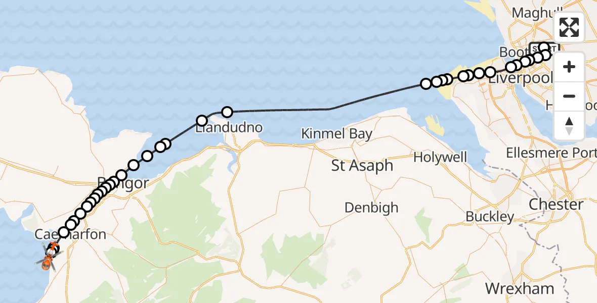 Flight path map showing Coastguard Helicopter route from Fazakerley to Caernarfon Airport