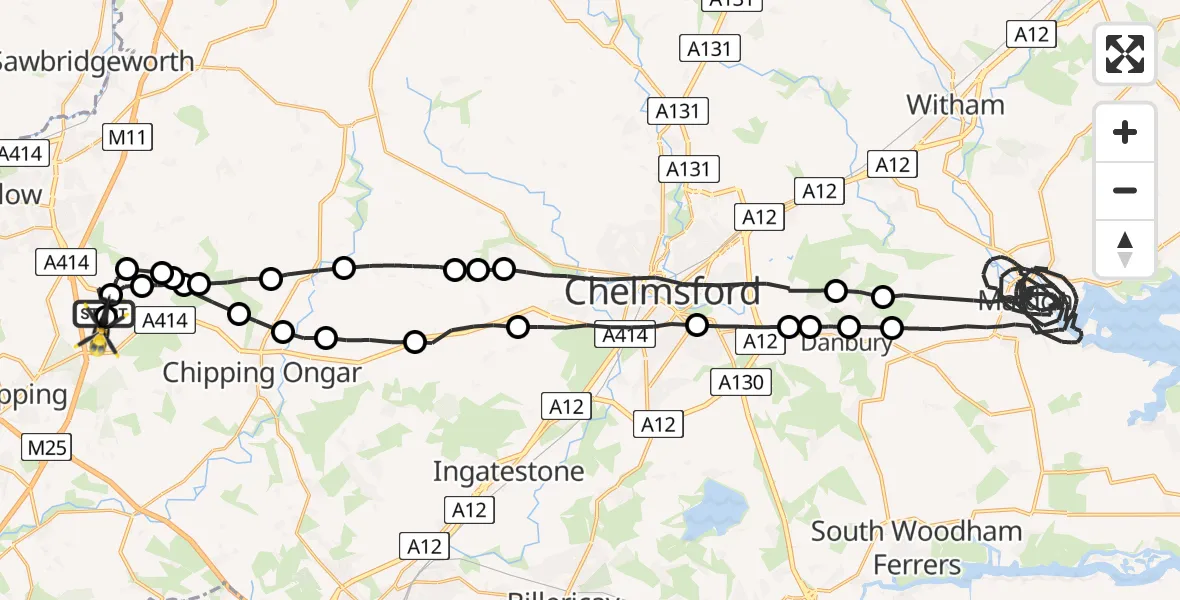 Flight path map showing Police Helicopter route from North Weald Airfield to North Weald Airfield
