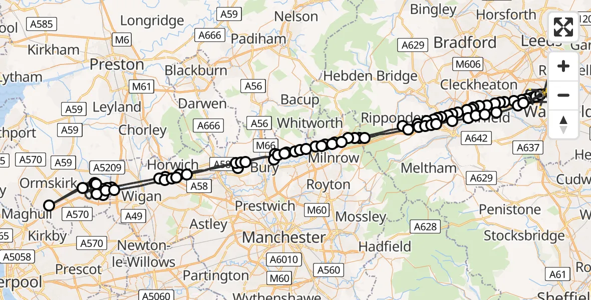 Flight path map showing Police Helicopter route from East Ardsley to East Ardsley