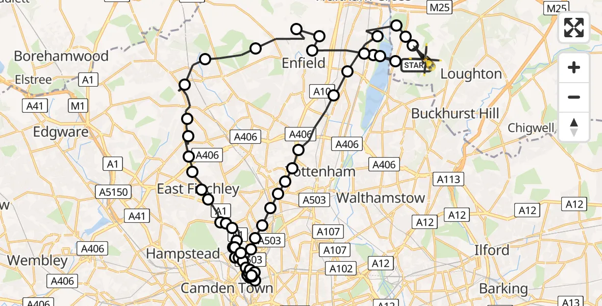 Flight path map showing Police Helicopter route from Sewardstonebury to Metropolitan Police Air Support Unit Lippitts Hill