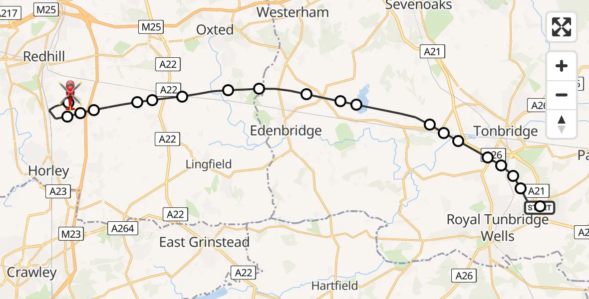 Flight path map showing Air Ambulance Helicopter route from Tunbridge Wells Hospital Heliport to Redhill Aerodrome